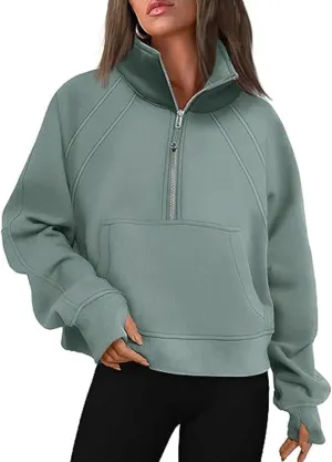 Bubeutou Half Zip Sweatshirts Womens Quarter Zip Pullover Trendy Fleece Cropped Hoodies Teen Girls Fall Top Outfits Clothes (Green,L,Large)
