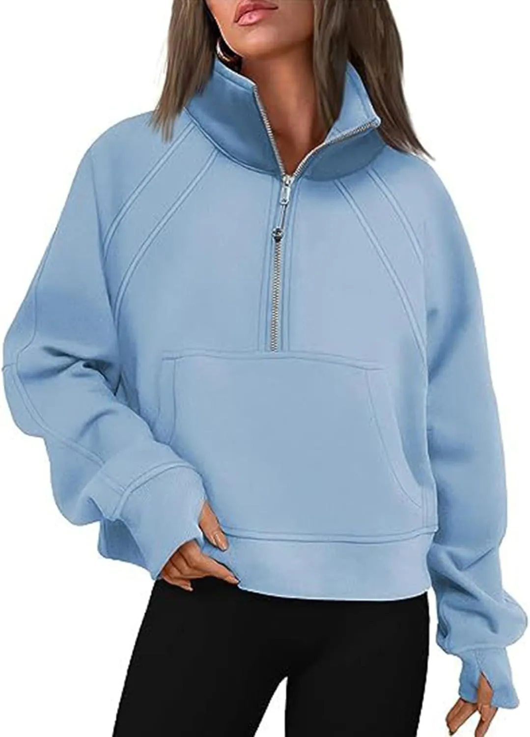 Bubeutou Half Zip Sweatshirts Womens Quarter Zip Pullover Trendy Fleece Cropped Hoodies Teen Girls Fall Top Outfits Clothes (Light Blue,M,Medium)