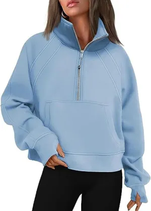Bubeutou Half Zip Sweatshirts Womens Quarter Zip Pullover Trendy Fleece Cropped Hoodies Teen Girls Fall Top Outfits Clothes (Light Blue,M,Medium)