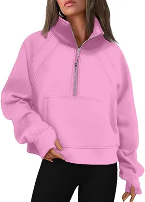 Bubeutou Half Zip Sweatshirts Womens Quarter Zip Pullover Trendy Fleece Cropped Hoodies Teen Girls Fall Top Outfits Clothes (Pink,S,Small)