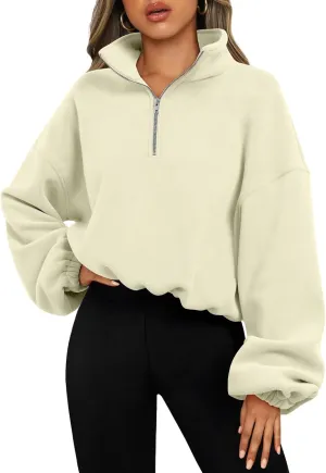 Bubeutou Womens Quarter Zip Pullover Oversized Trendy Fleece Sweatshirt Half Zip Cropped Hoodie Teen Girls Fall Casual Top (Apricot,M,Medium)