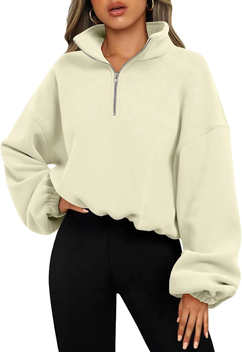 Bubeutou Womens Quarter Zip Pullover Oversized Trendy Fleece Sweatshirt Half Zip Cropped Hoodie Teen Girls Fall Casual Top (Apricot,M,Medium)