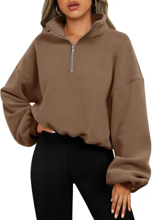 Bubeutou Womens Quarter Zip Pullover Oversized Trendy Fleece Sweatshirt Half Zip Cropped Hoodie Teen Girls Fall Casual Top (Brown,L,Large)