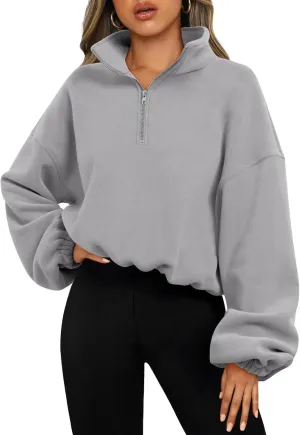 Bubeutou Womens Quarter Zip Pullover Oversized Trendy Fleece Sweatshirt Half Zip Cropped Hoodie Teen Girls Fall Casual Top (Gray,L,Large)