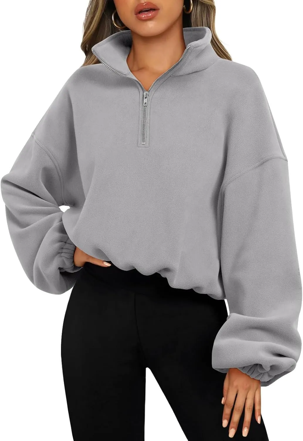 Bubeutou Womens Quarter Zip Pullover Oversized Trendy Fleece Sweatshirt Half Zip Cropped Hoodie Teen Girls Fall Casual Top (Gray,L,Large)