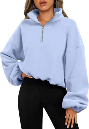 Bubeutou Womens Quarter Zip Pullover Oversized Trendy Fleece Sweatshirt Half Zip Cropped Hoodie Teen Girls Fall Casual Top (Light blue,M,Medium)