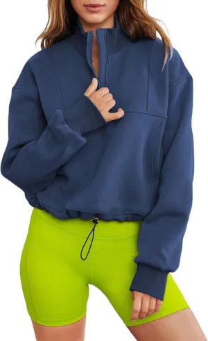 Bubeutou Womens Quarter Zip Pullover Trendy Fleece Sweatshirt Half Zip Cropped Hoodie Teen Girls Stand Collar Fall Casual Top (Navy Blue,2XL,XX-Large)