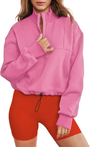 Bubeutou Womens Quarter Zip Pullover Trendy Fleece Sweatshirt Half Zip Cropped Hoodie Teen Girls Stand Collar Fall Casual Top (Pink,S,Small)