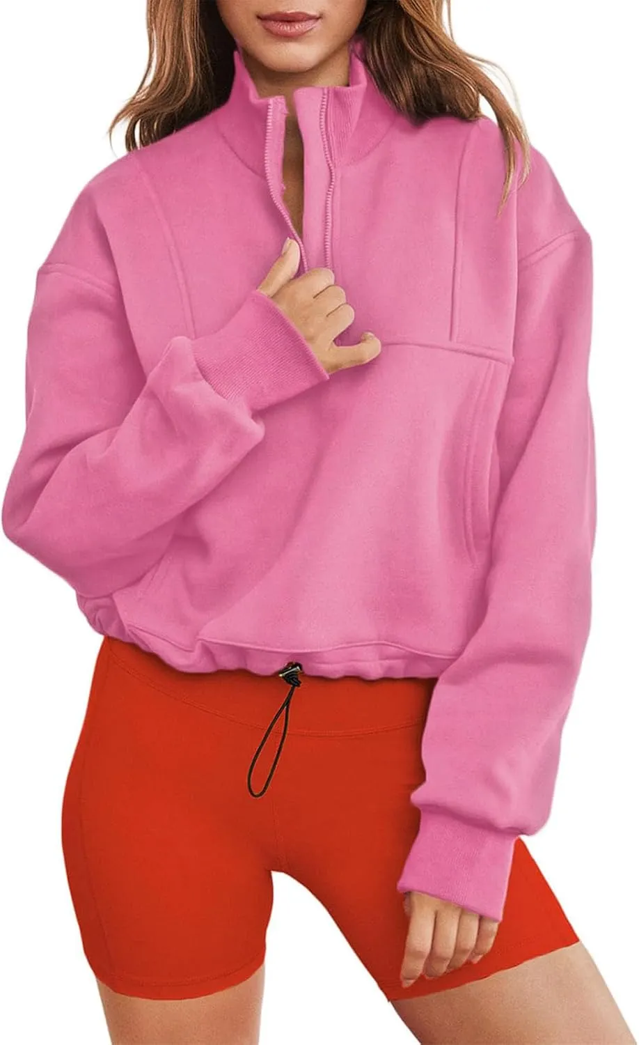 Bubeutou Womens Quarter Zip Pullover Trendy Fleece Sweatshirt Half Zip Cropped Hoodie Teen Girls Stand Collar Fall Casual Top (Pink,S,Small)