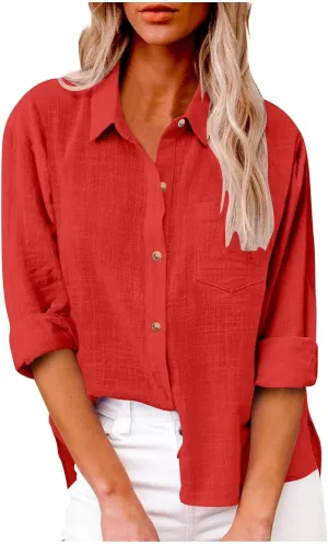 Button Down Blouses Tops Pocket Plus Long Blouse Shirt Loose Sleeve Women's Blouse Womens Shirt Long Sleeve Shirt