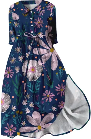 Button Down Dress for Women Plus Size Korean Style Dresses Boho Floral Lace Up Lapel Collar Short Sleeve Midi Dress