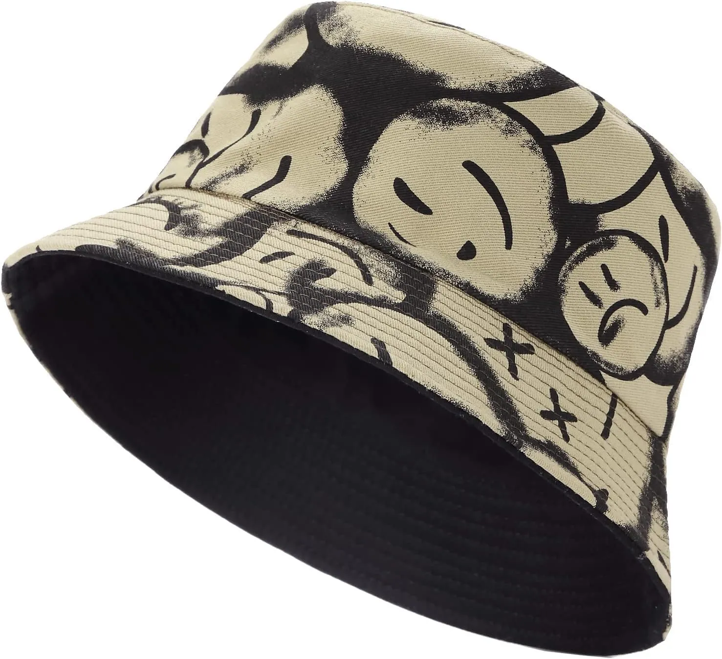 BYOS Summer Fashion Print Cotton Bucket Sun Hat for Men Women, Reversible Black