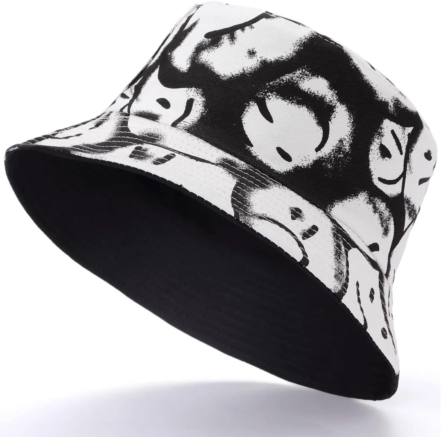 BYOS Summer Fashion Print Cotton Bucket Sun Hat for Men Women, Reversible Black