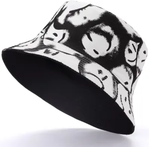 BYOS Summer Fashion Print Cotton Bucket Sun Hat for Men Women, Reversible Black