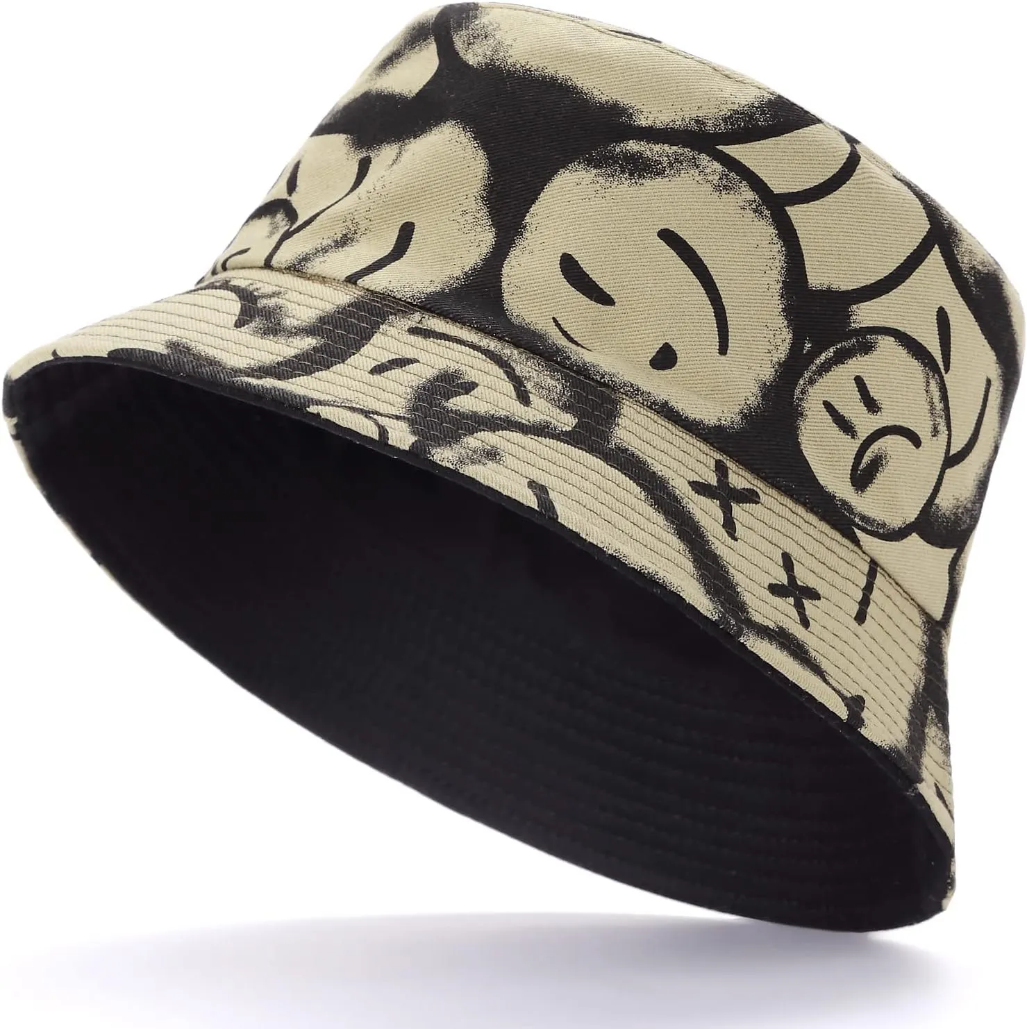 BYOS Summer Fashion Print Cotton Bucket Sun Hat for Men Women, Reversible Black