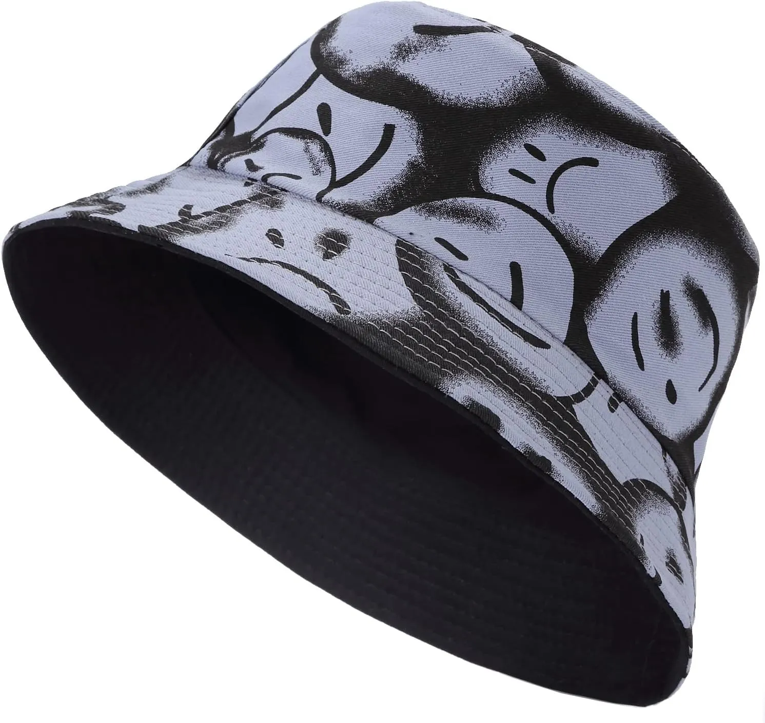 BYOS Summer Fashion Print Cotton Bucket Sun Hat for Men Women, Reversible Black