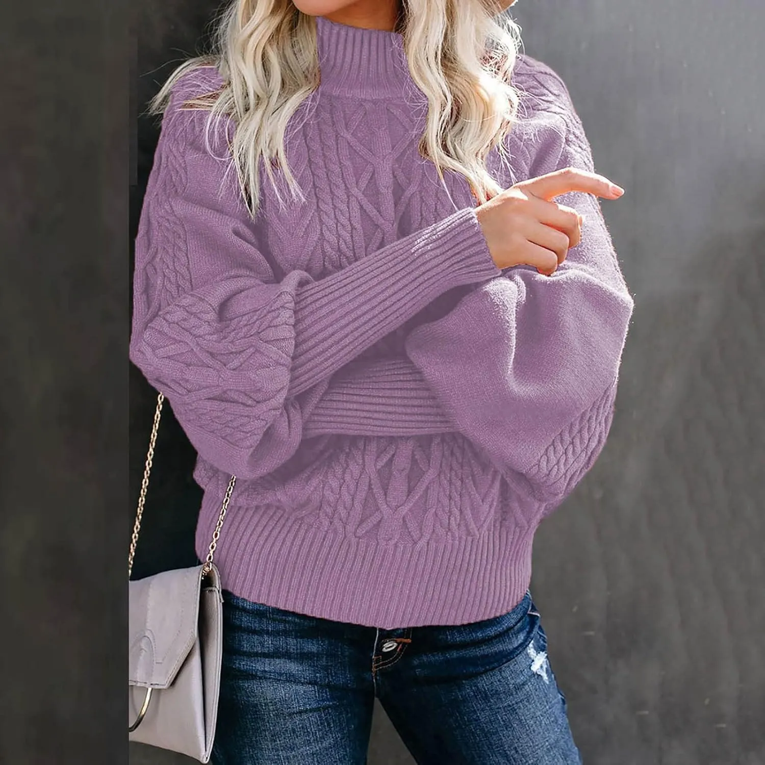 Casual Knitted Sweater Tops for Women Cable Knit Lantern Sleeve High Neck Sweaters Fall Winter Warm Pullover Jumpers