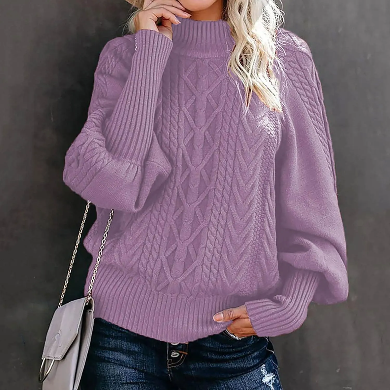 Casual Knitted Sweater Tops for Women Cable Knit Lantern Sleeve High Neck Sweaters Fall Winter Warm Pullover Jumpers