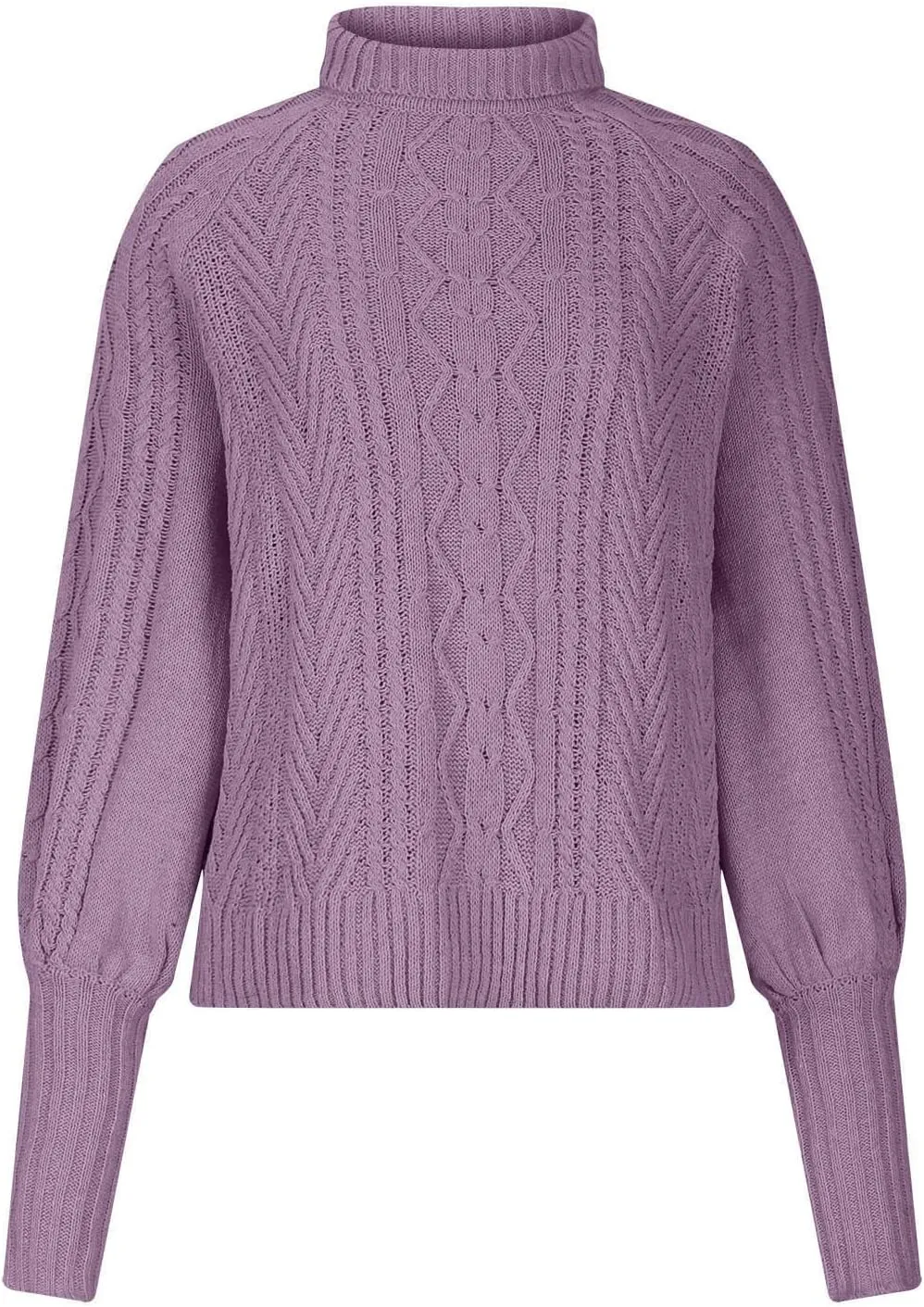 Casual Knitted Sweater Tops for Women Cable Knit Lantern Sleeve High Neck Sweaters Fall Winter Warm Pullover Jumpers