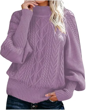 Casual Knitted Sweater Tops for Women Cable Knit Lantern Sleeve High Neck Sweaters Fall Winter Warm Pullover Jumpers