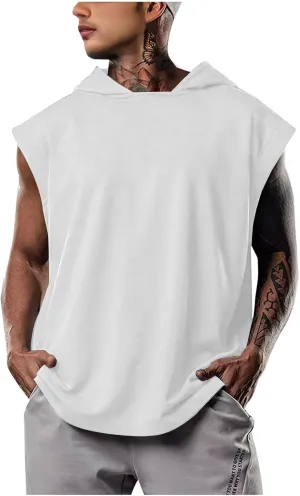Casual Men Workout Tank Tops Cap Sleeve Hoody Shirts Muscle Fit Pullover Basic Shirt Running Active Solid Tees