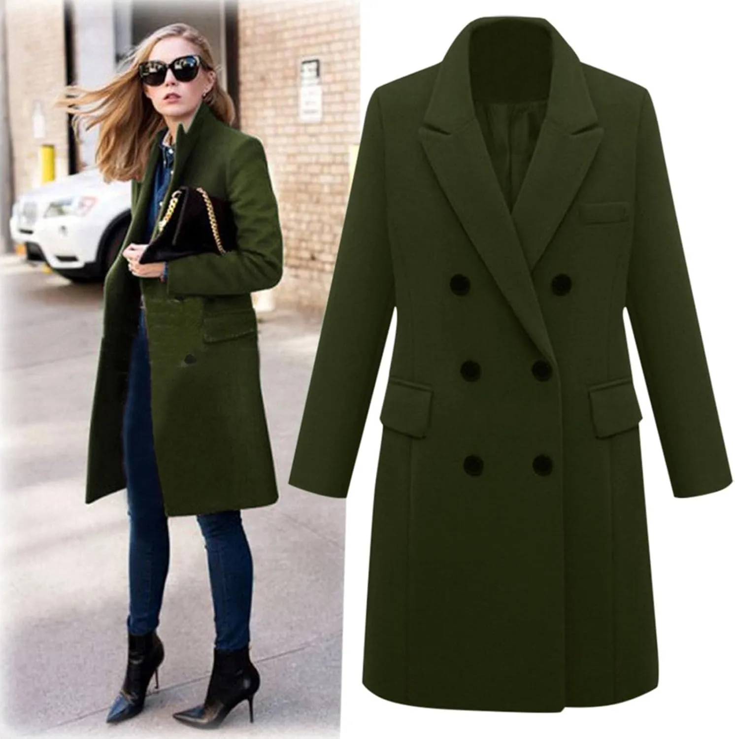 Casual Peacoat for Women Long Sleeve Collared Button Plain Double Breasted Jacket Winter Lapel Coat Business Elegant Trench