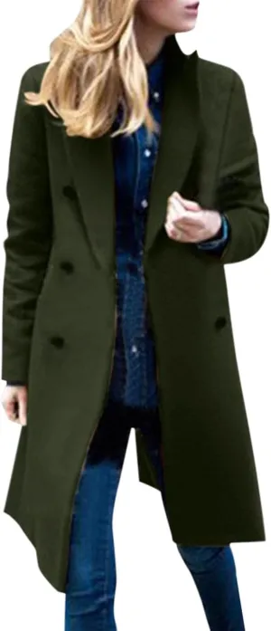 Casual Peacoat for Women Long Sleeve Collared Button Plain Double Breasted Jacket Winter Lapel Coat Business Elegant Trench
