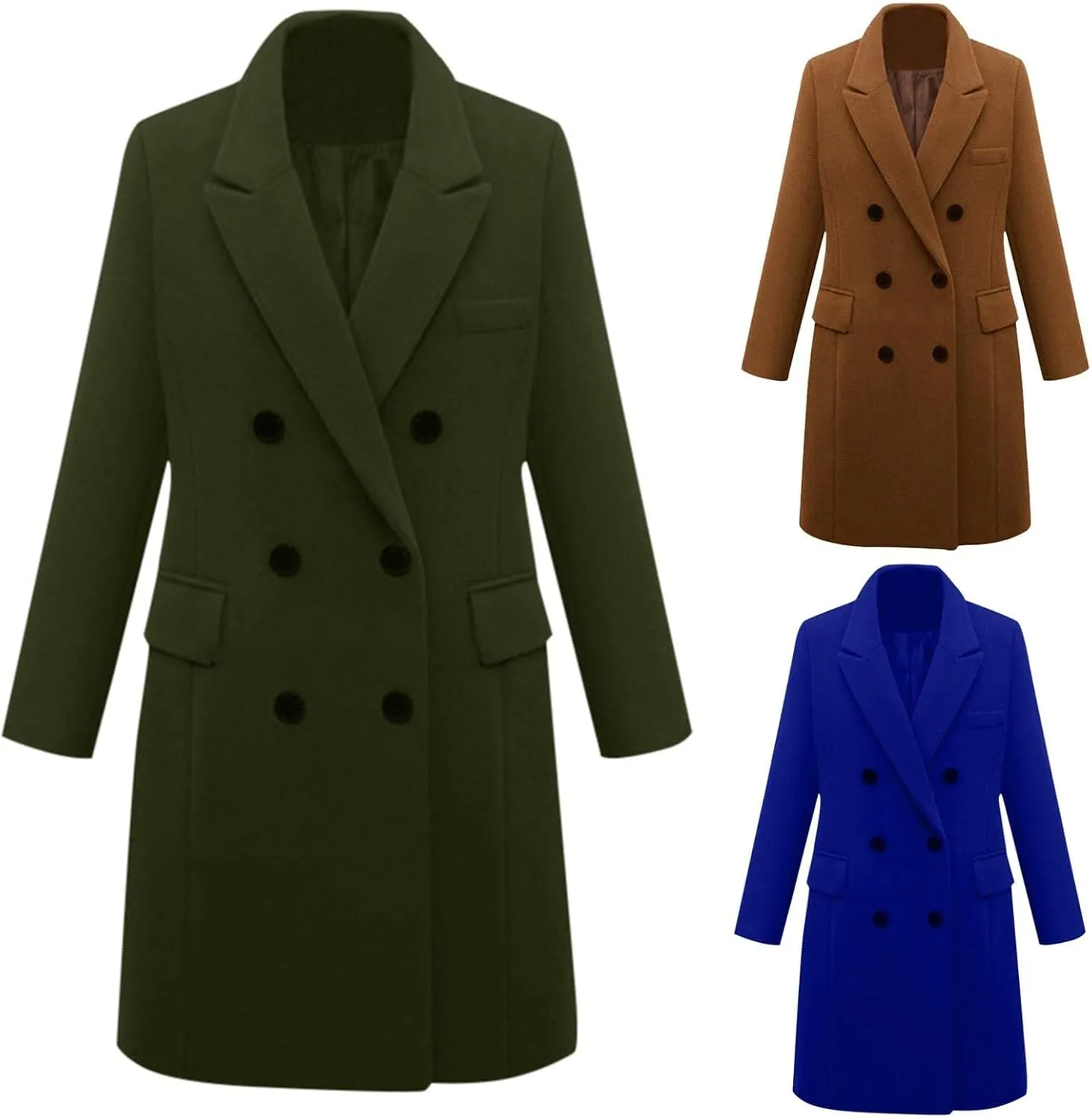 Casual Peacoat for Women Long Sleeve Collared Button Plain Double Breasted Jacket Winter Lapel Coat Business Elegant Trench