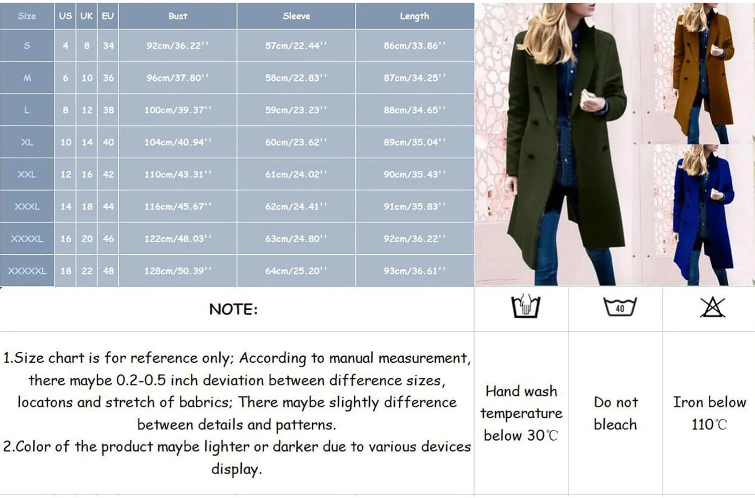 Casual Peacoat for Women Long Sleeve Collared Button Plain Double Breasted Jacket Winter Lapel Coat Business Elegant Trench