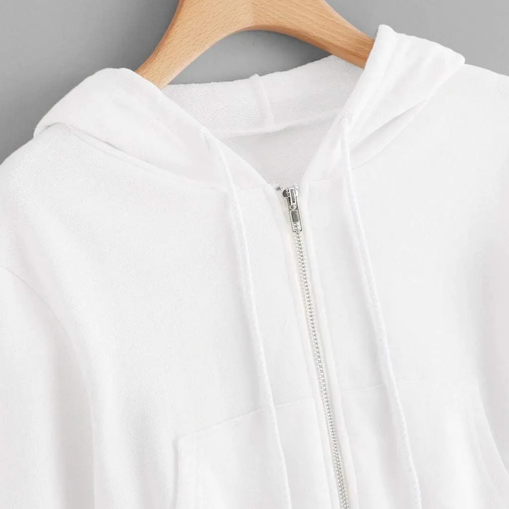 Casual Zip Up Hoodies for Women Plain Hooded Crop Sweatshirt with Pockets Drawstrings Spring Fall Thin Coats
