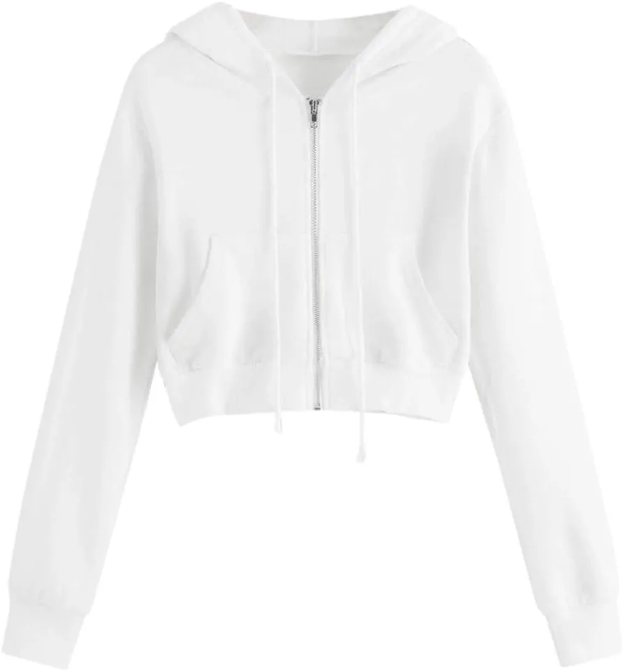 Casual Zip Up Hoodies for Women Plain Hooded Crop Sweatshirt with Pockets Drawstrings Spring Fall Thin Coats