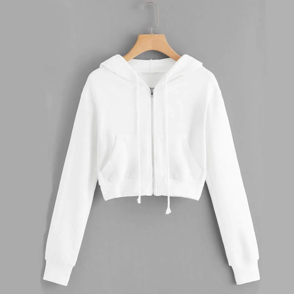 Casual Zip Up Hoodies for Women Plain Hooded Crop Sweatshirt with Pockets Drawstrings Spring Fall Thin Coats
