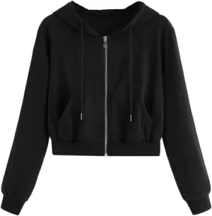 Casual Zip Up Hoodies for Women Plain Hooded Crop Sweatshirt with Pockets Drawstrings Spring Fall Thin Coats