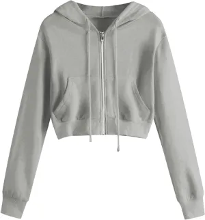 Casual Zip Up Hoodies for Women Plain Hooded Crop Sweatshirt with Pockets Drawstrings Spring Fall Thin Coats