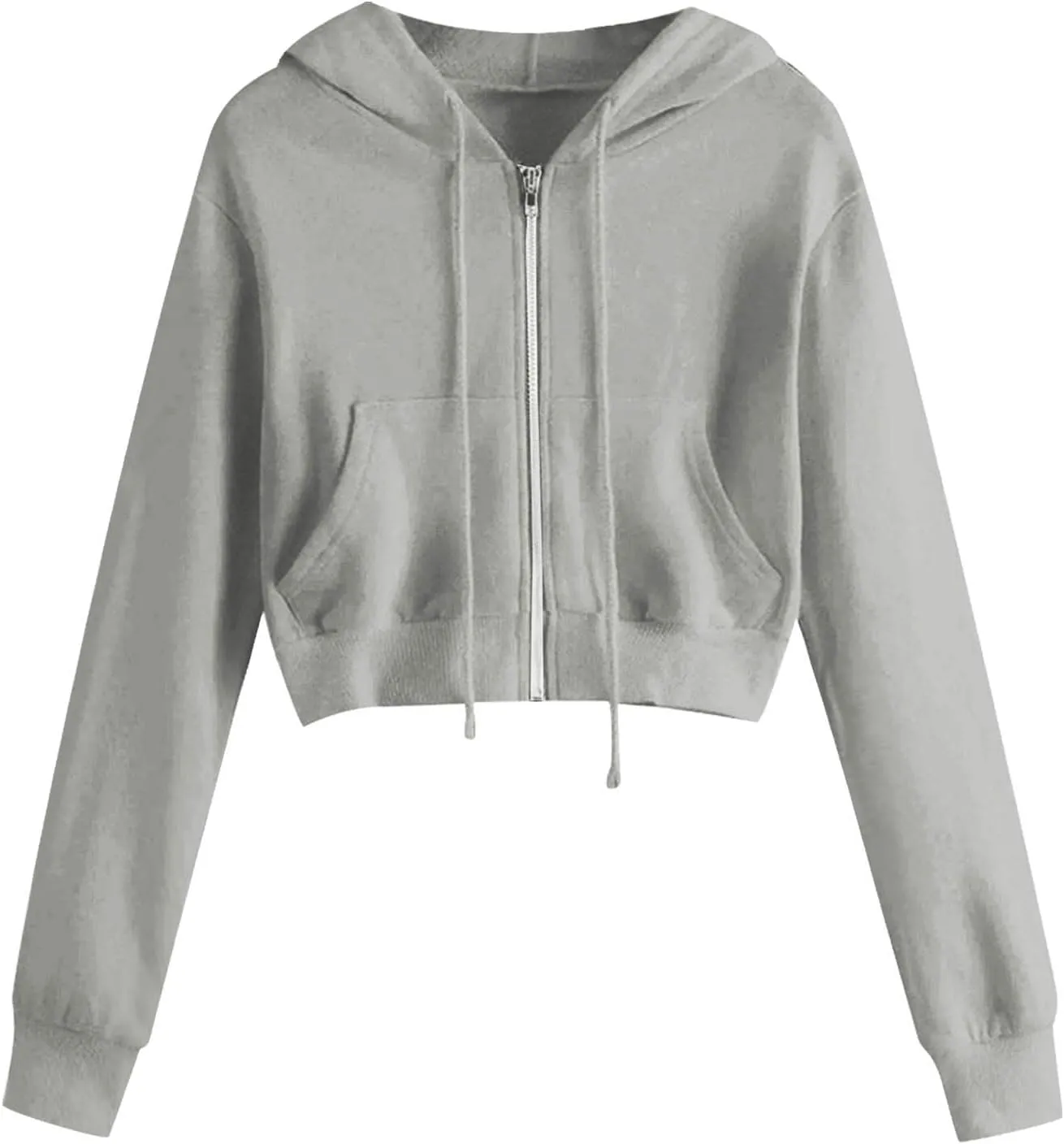 Casual Zip Up Hoodies for Women Plain Hooded Crop Sweatshirt with Pockets Drawstrings Spring Fall Thin Coats