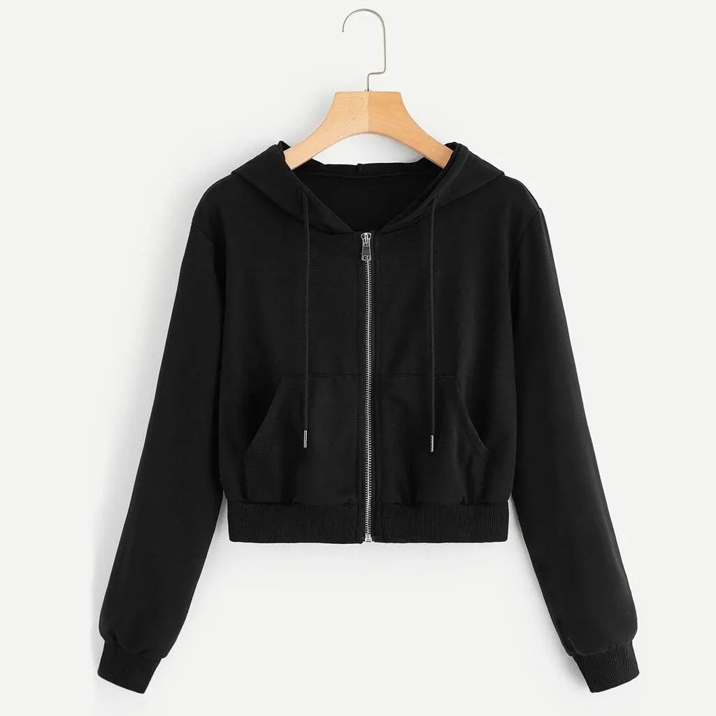 Casual Zip Up Hoodies for Women Plain Hooded Crop Sweatshirt with Pockets Drawstrings Spring Fall Thin Coats