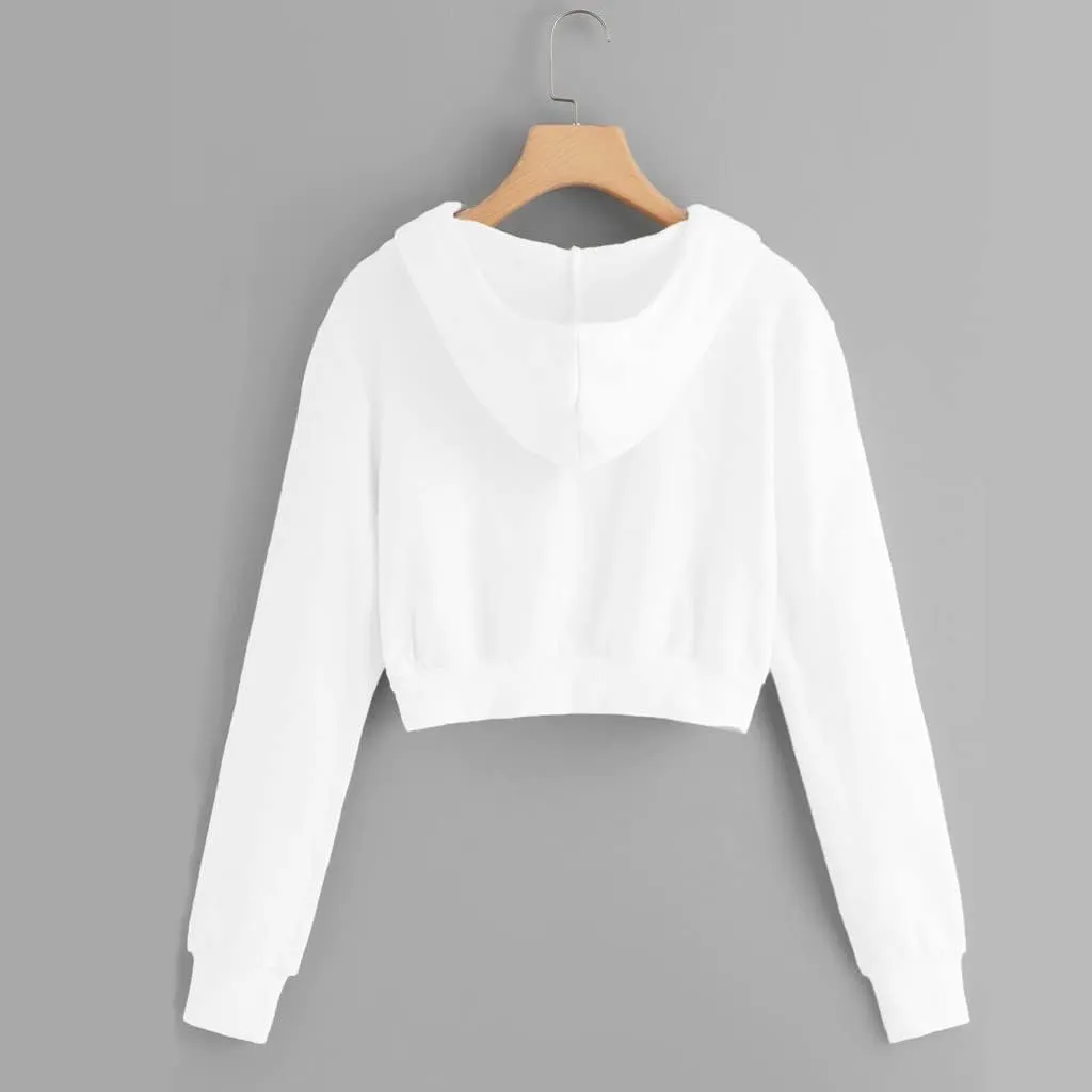 Casual Zip Up Hoodies for Women Plain Hooded Crop Sweatshirt with Pockets Drawstrings Spring Fall Thin Coats