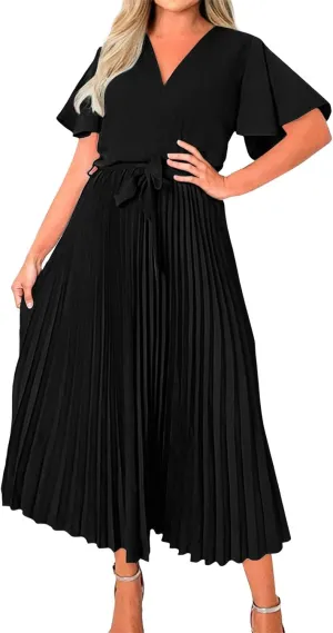 Chiffon Dresses for Women Slim Elegant Flutter Sleeve Tie Waist Pleated Maxi Dresses Homecoming Cute Gauze Outfits