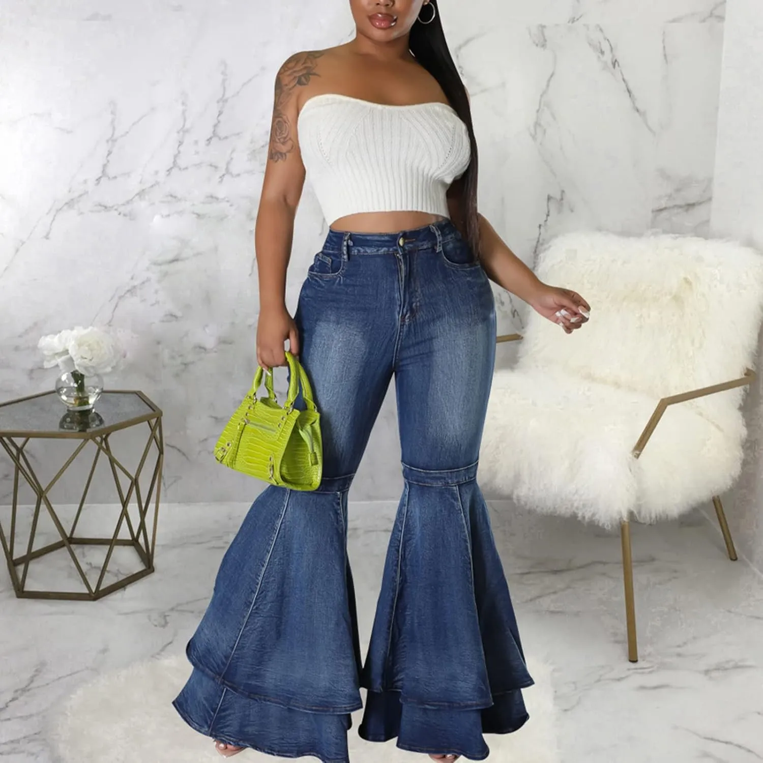 Conshvi Women's High Waisted Bell Bottom Jeans Layered Ruffle Patchwork Wide Leg Flare Denim Pants