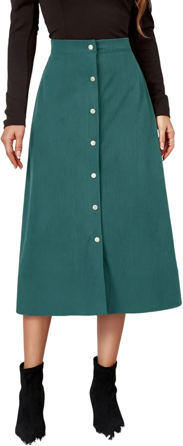 Corduroy Skirt Women Button Front Midi Skirt A-line Skater Skirt High Waist Elastic Flared Swing Skirt with Pocket