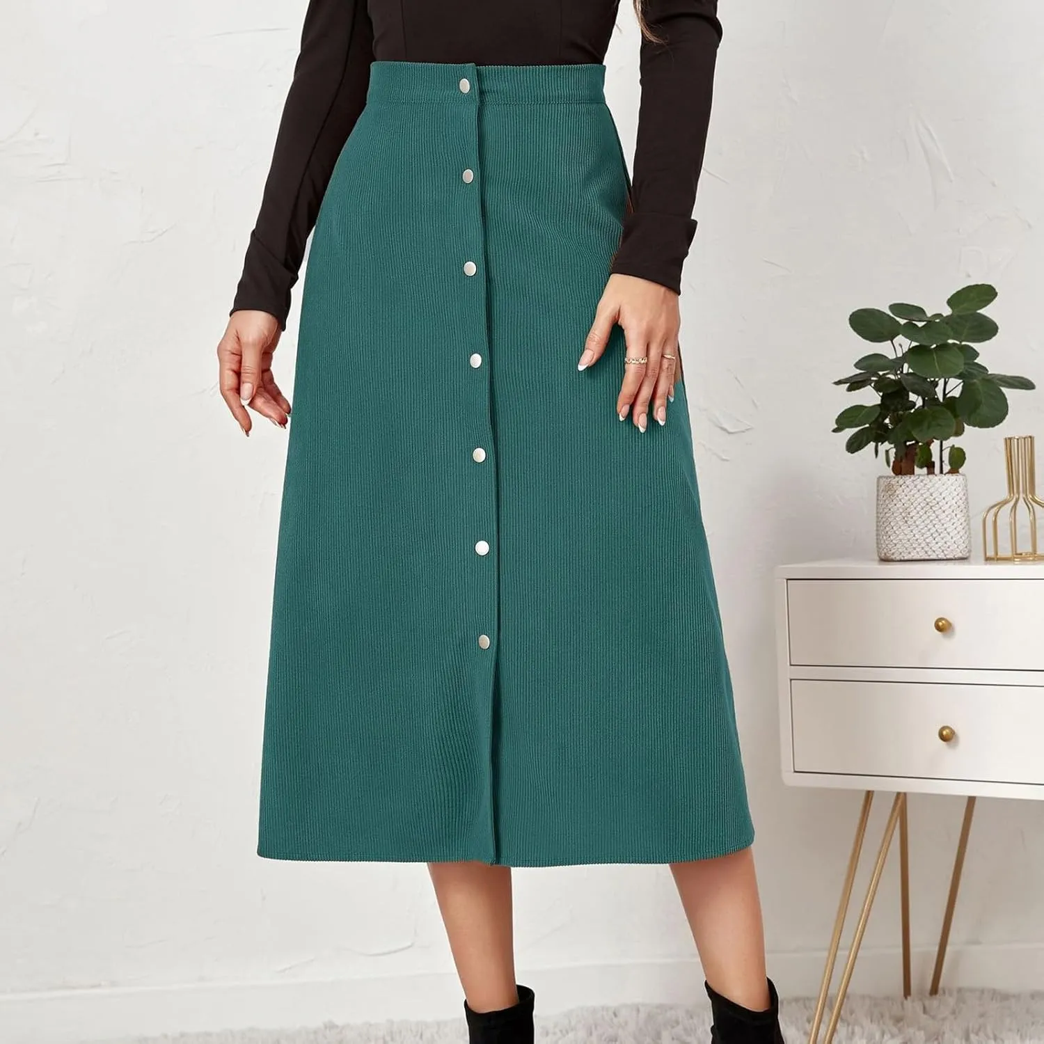 Corduroy Skirt Women Button Front Midi Skirt A-line Skater Skirt High Waist Elastic Flared Swing Skirt with Pocket