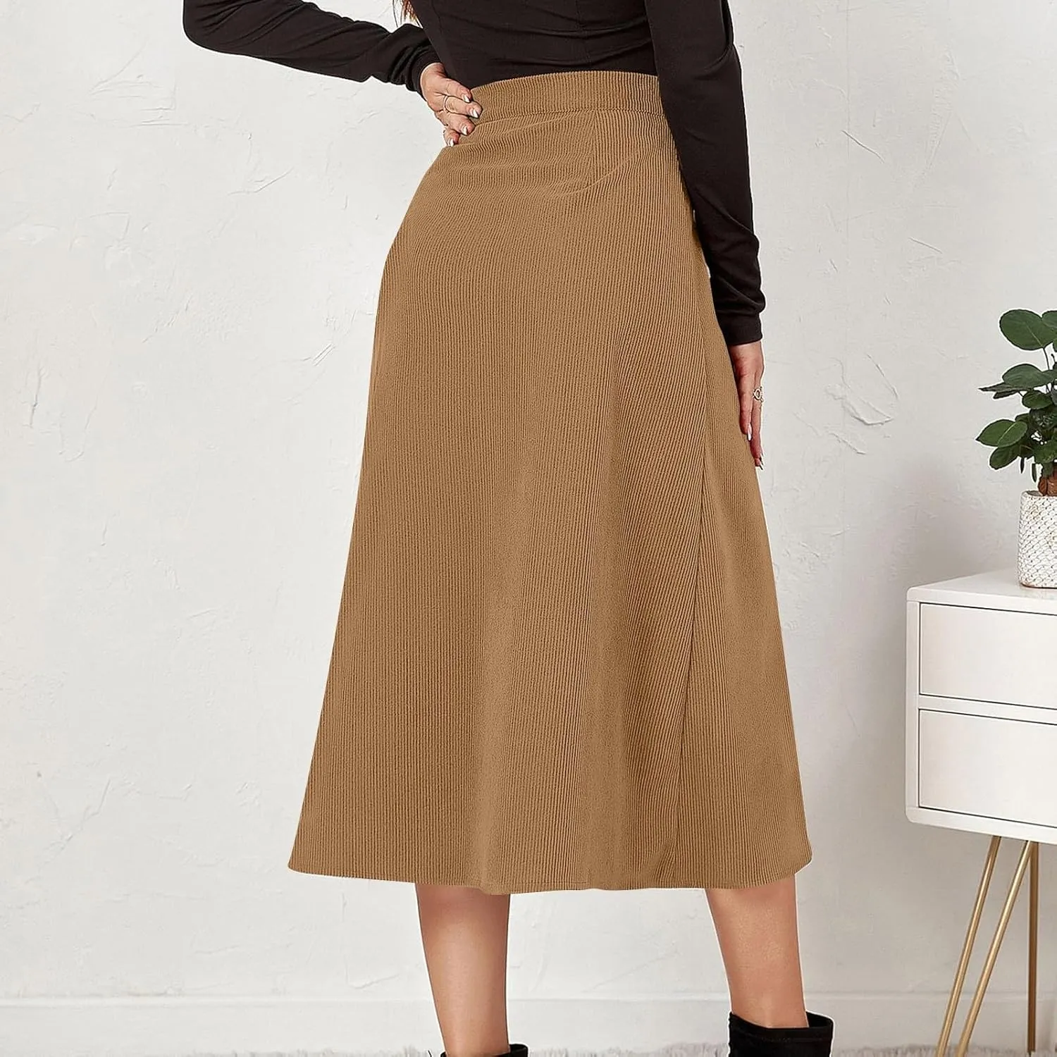 Corduroy Skirt Women Button Front Midi Skirt A-line Skater Skirt High Waist Elastic Flared Swing Skirt with Pocket