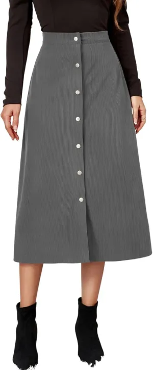 Corduroy Skirt Women Button Front Midi Skirt A-line Skater Skirt High Waist Elastic Flared Swing Skirt with Pocket