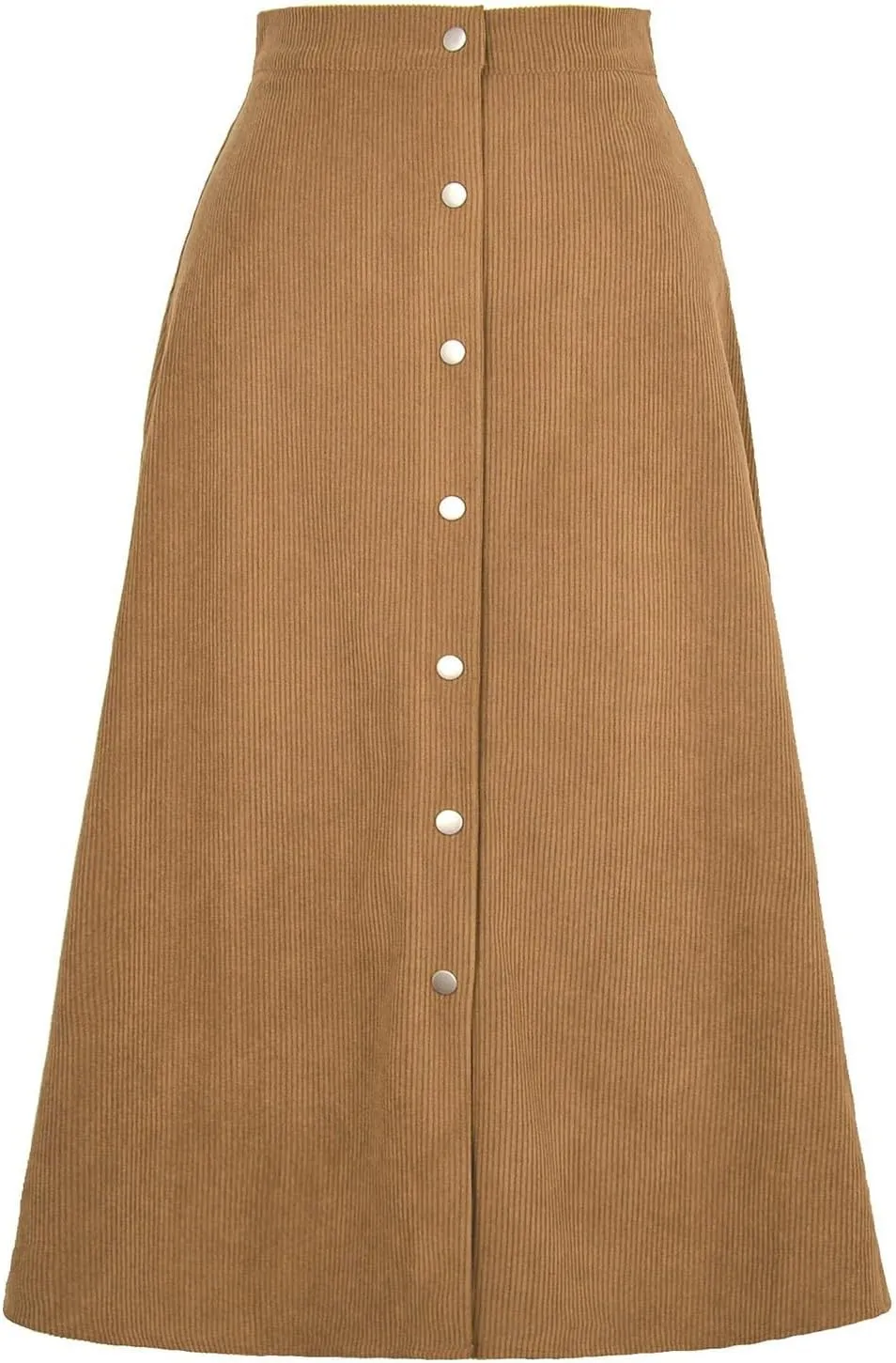 Corduroy Skirt Women Button Front Midi Skirt A-line Skater Skirt High Waist Elastic Flared Swing Skirt with Pocket