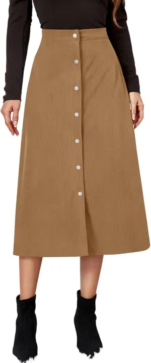 Corduroy Skirt Women Button Front Midi Skirt A-line Skater Skirt High Waist Elastic Flared Swing Skirt with Pocket