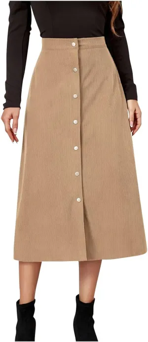 Corduroy Skirt Women Button Front Midi Skirt A-line Skater Skirt High Waist Elastic Flared Swing Skirt with Pocket
