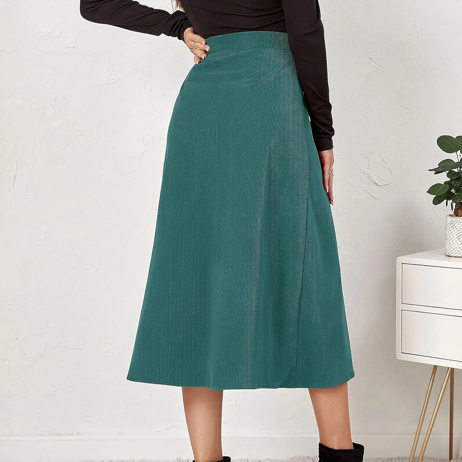 Corduroy Skirt Women Button Front Midi Skirt A-line Skater Skirt High Waist Elastic Flared Swing Skirt with Pocket