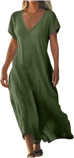Cotton Linen Dresses for Women 2025 Summer V Neck Short Sleeve Flowy Dress Boho Beach Vacation Maxi Dress