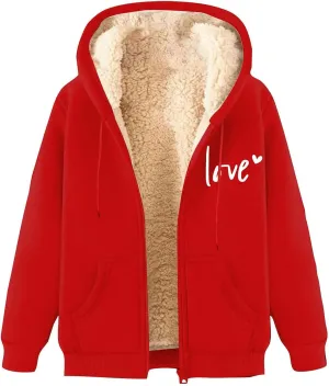 CRNTCEM Women's Sherpa-Lined Fleece Full-Zip Hooded Jacket Valentine's Days Winter Thick Thermal Coats Trendy Casual Outwear