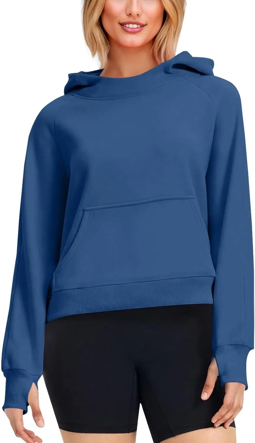 Cropped Hoodie Women Y2k Long Sleeve Fleece Pullover Casual Comfy Hooded Sweatshirt with Thumb Hole 2024 Fall Trendy